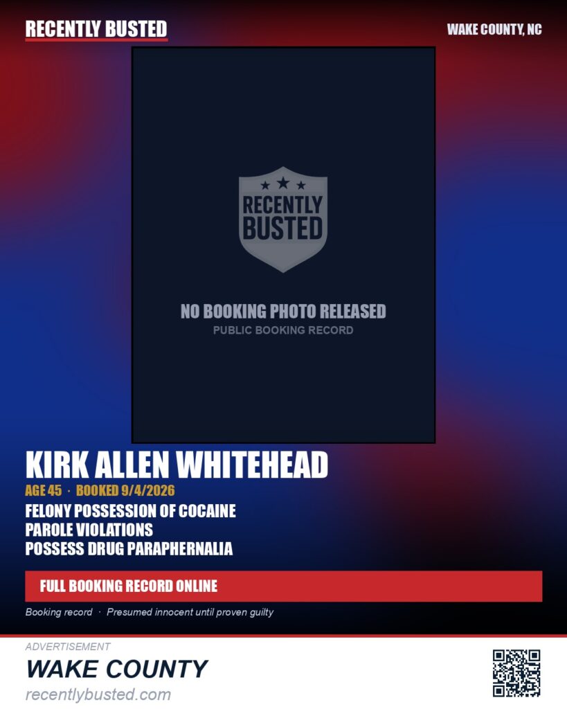 KIRK ALLEN WHITEHEAD — arrest record card, Wake County, North Carolina