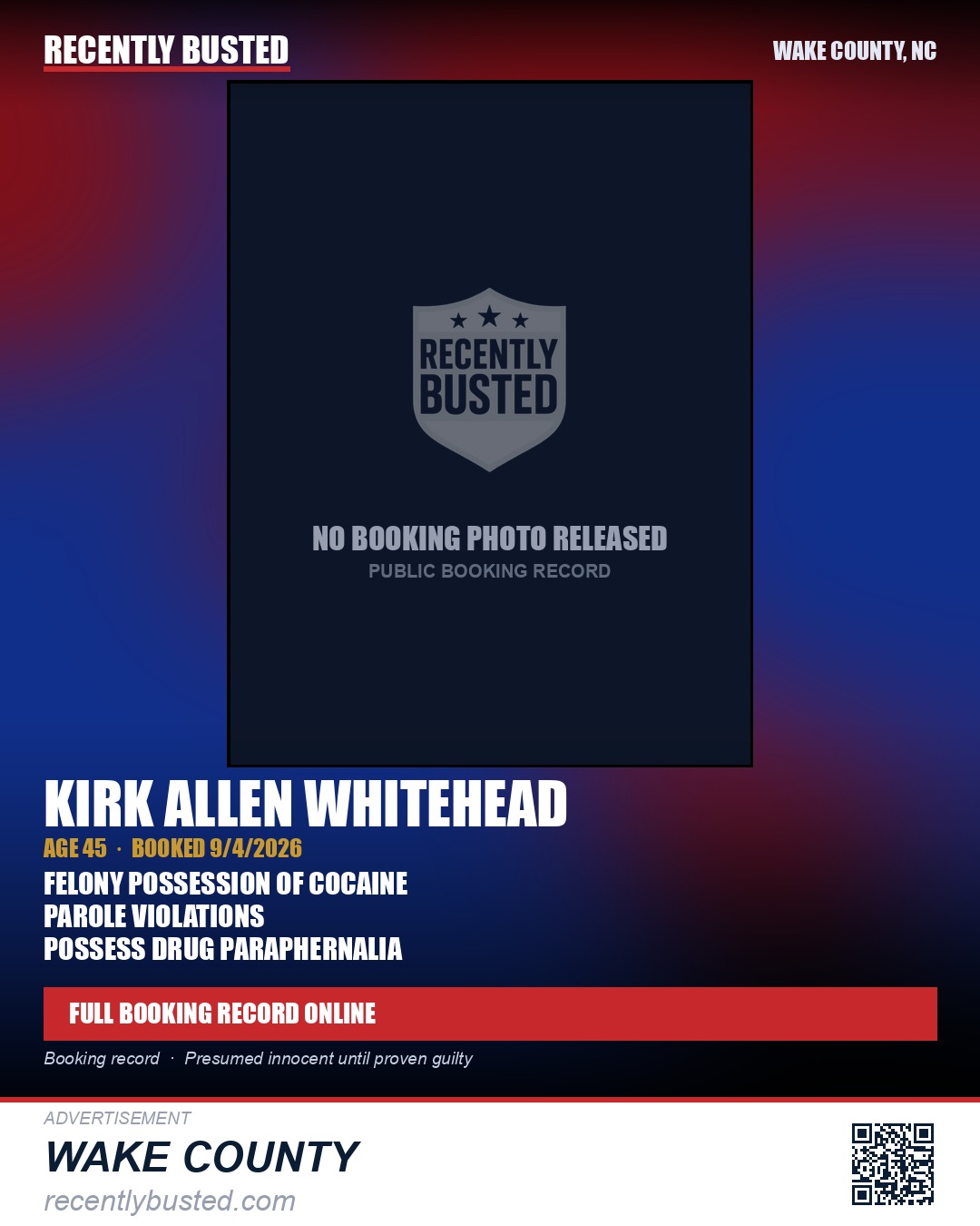 KIRK ALLEN WHITEHEAD — arrest record card, Wake County, North Carolina