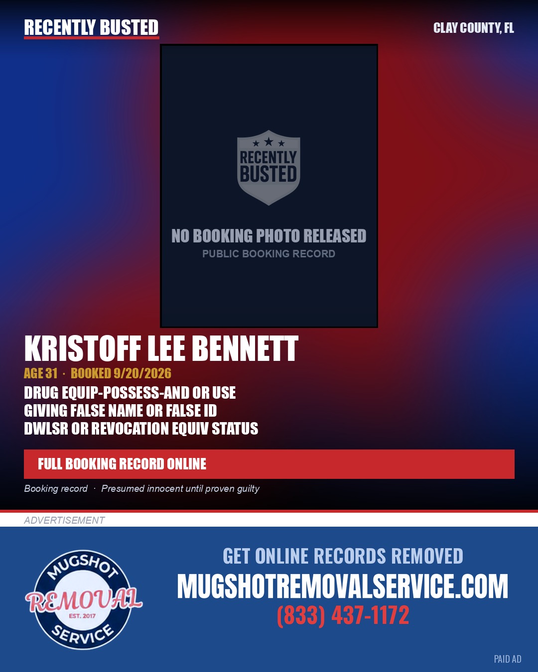 KRISTOFF LEE BENNETT — arrest record card, Clay County, Florida