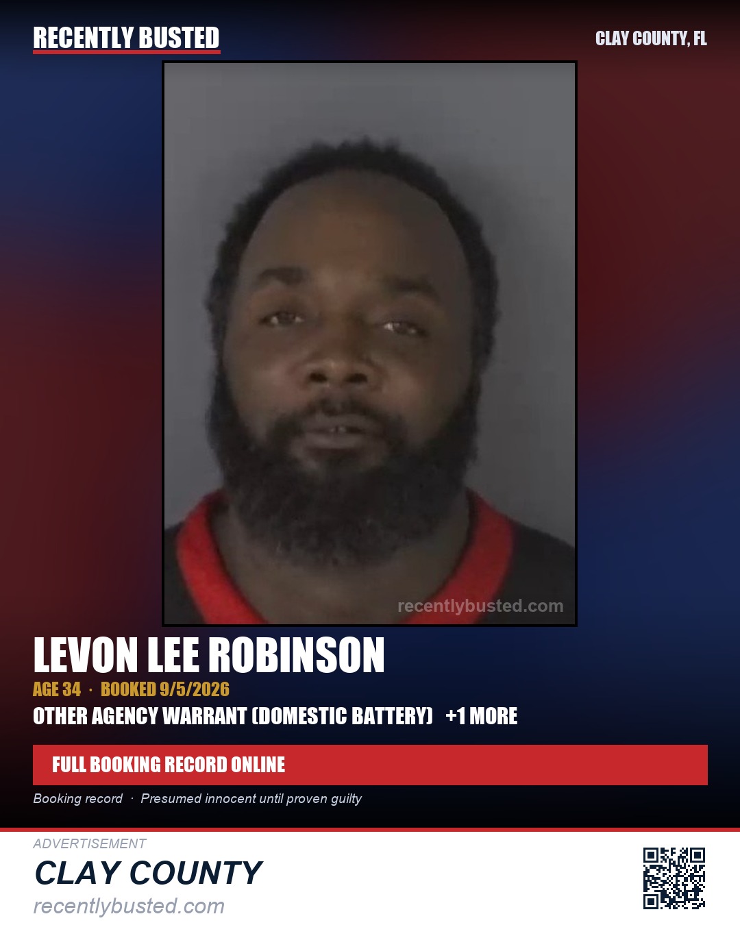 LEVON LEE ROBINSON — arrest record card, Clay County, Florida