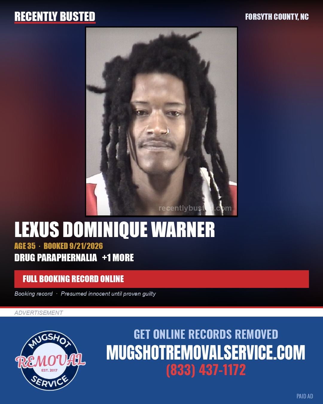 LEXUS DOMINIQUE WARNER — arrest record card, Forsyth County, North Carolina