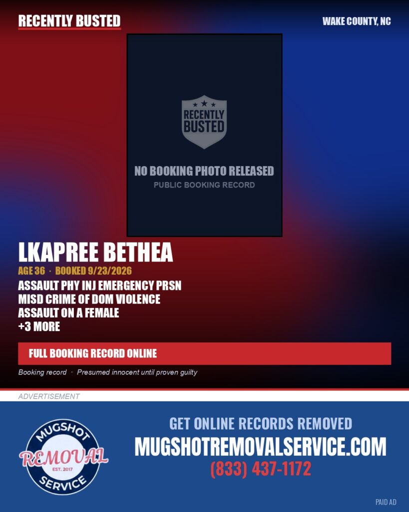 LKAPREE BETHEA — arrest record card, Wake County, North Carolina