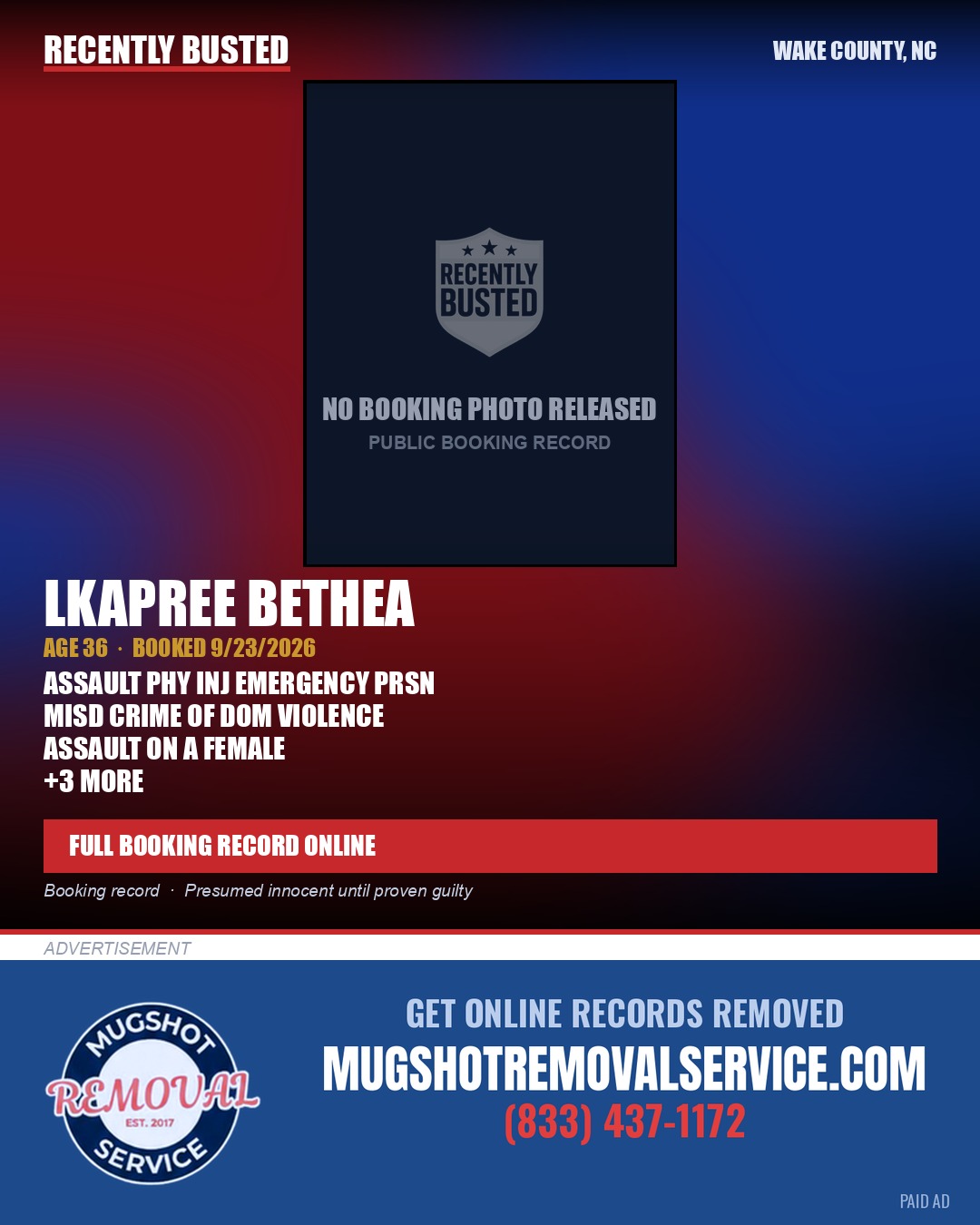 LKAPREE BETHEA — arrest record card, Wake County, North Carolina