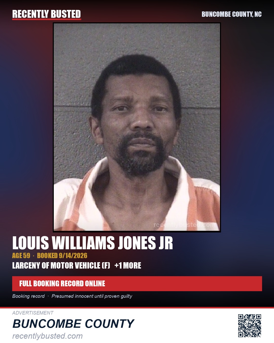 LOUIS WILLIAMS JONES JR — arrest record card, Buncombe County, North Carolina