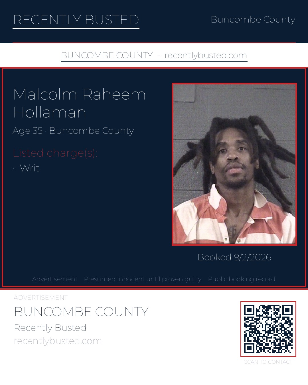 MALCOLM RAHEEM HOLLAMAN — arrest record card, Buncombe County, North Carolina