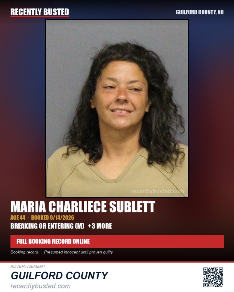MARIA CHARLIECE SUBLETT — arrest record card, Guilford County, North Carolina