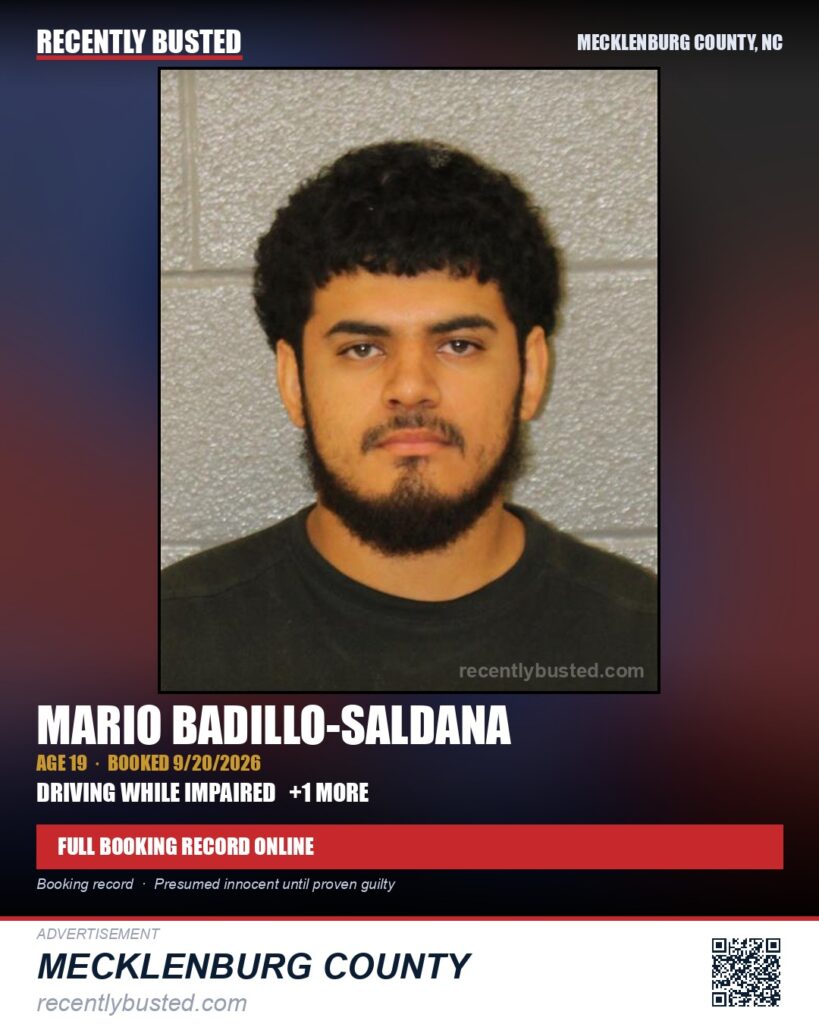 MARIO BADILLO-SALDANA — arrest record card, Mecklenburg County, North Carolina