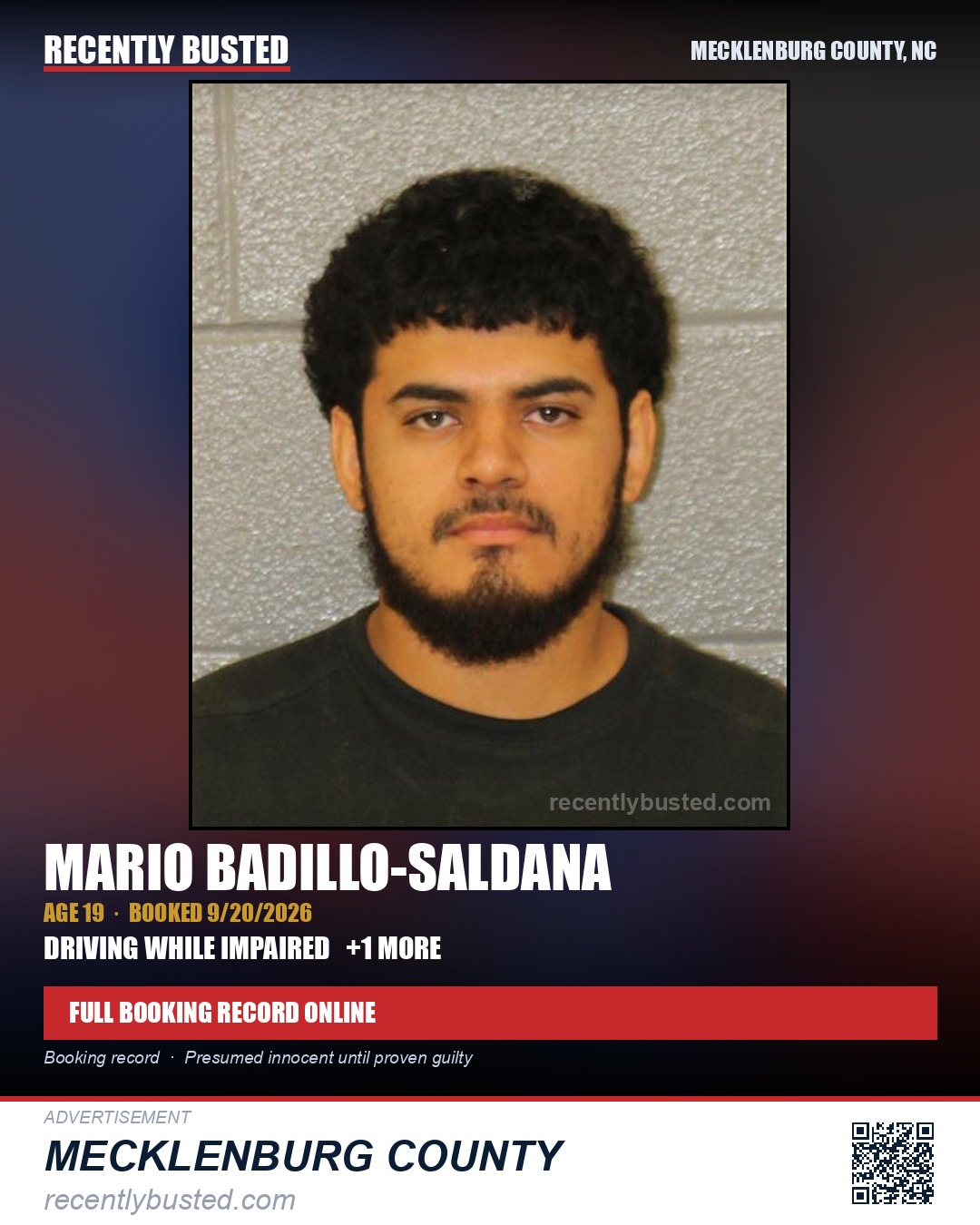 MARIO BADILLO-SALDANA — arrest record card, Mecklenburg County, North Carolina