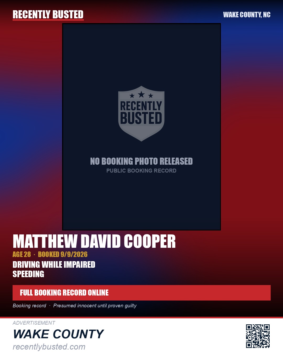 MATTHEW DAVID COOPER — arrest record card, Wake County, North Carolina