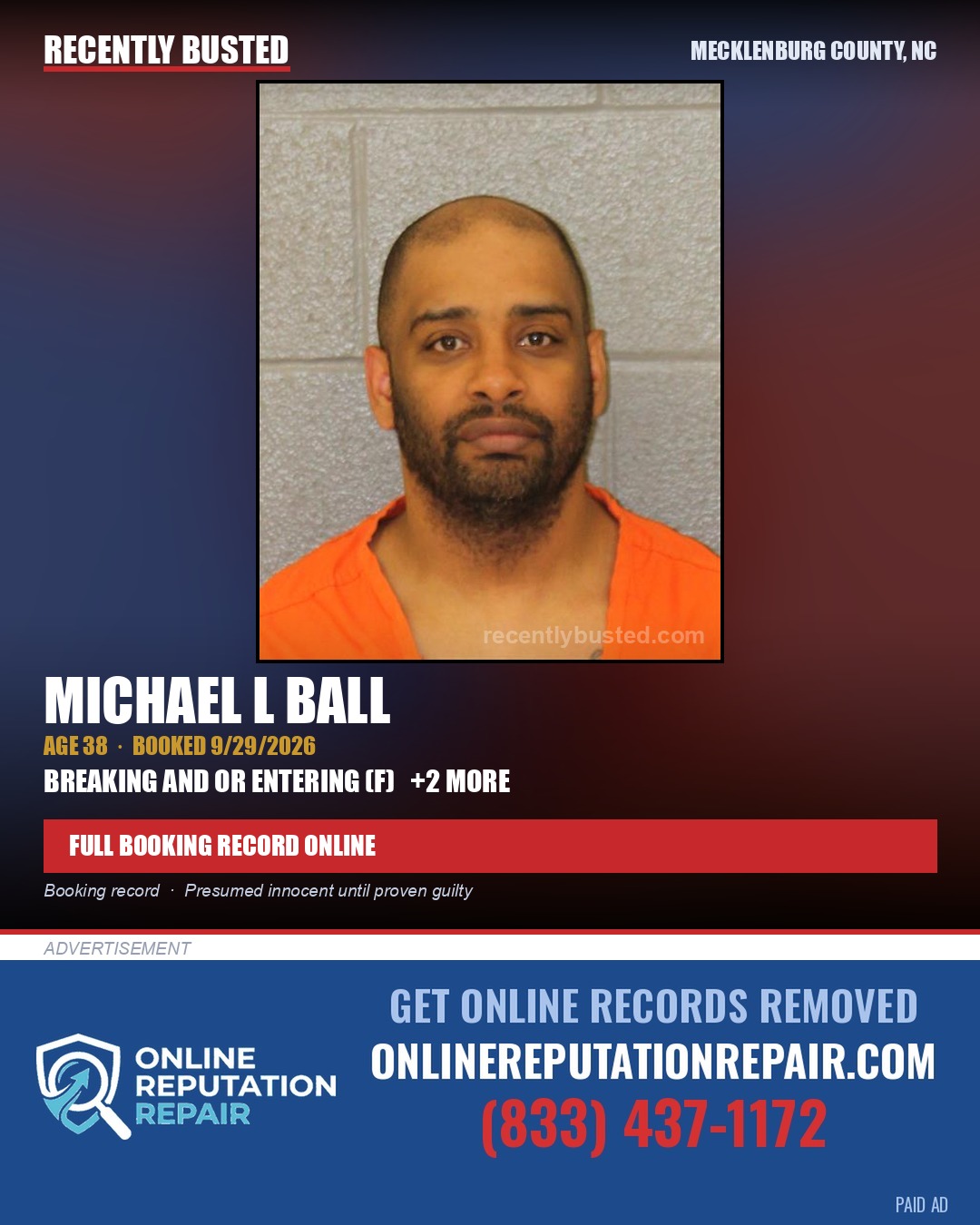 MICHAEL L BALL — arrest record card, Mecklenburg County, North Carolina