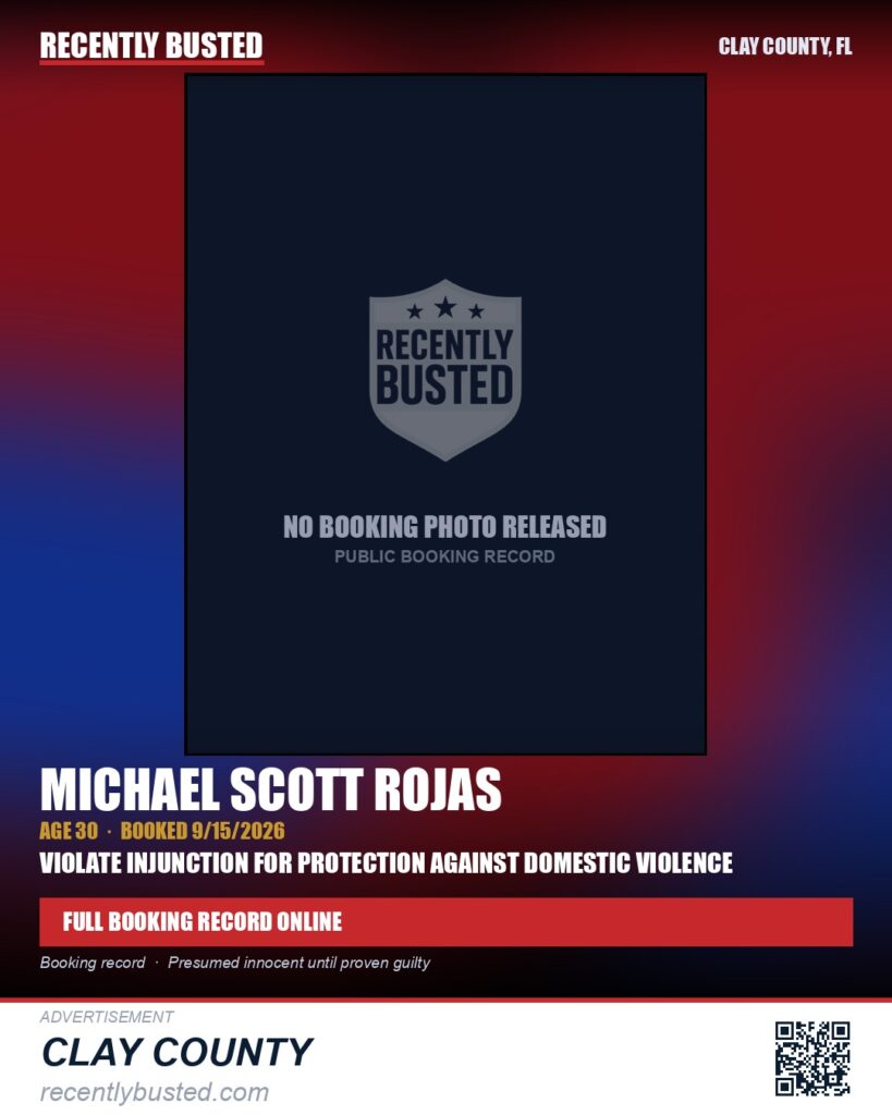MICHAEL SCOTT ROJAS — arrest record card, Clay County, Florida