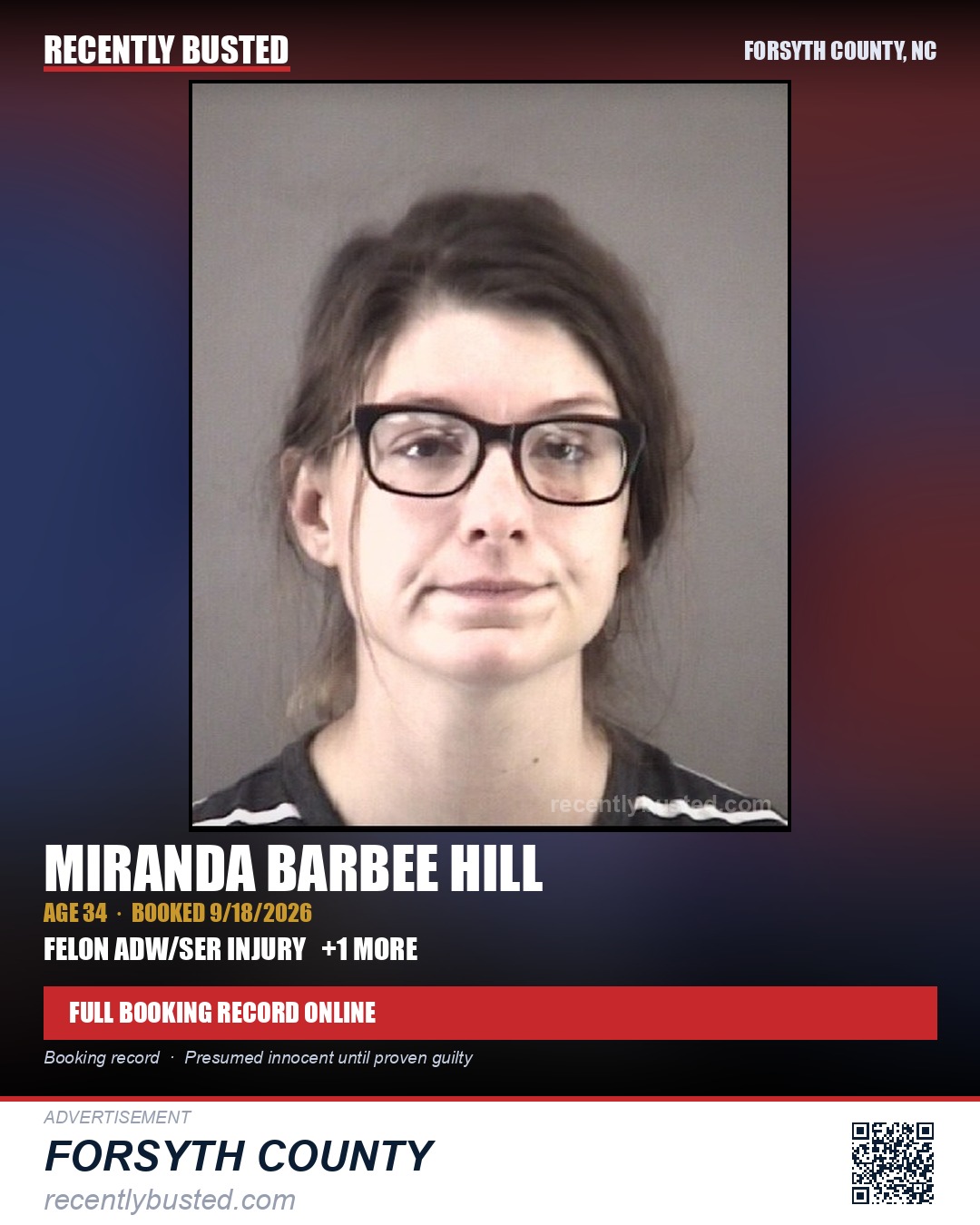 MIRANDA BARBEE HILL — arrest record card, Forsyth County, North Carolina