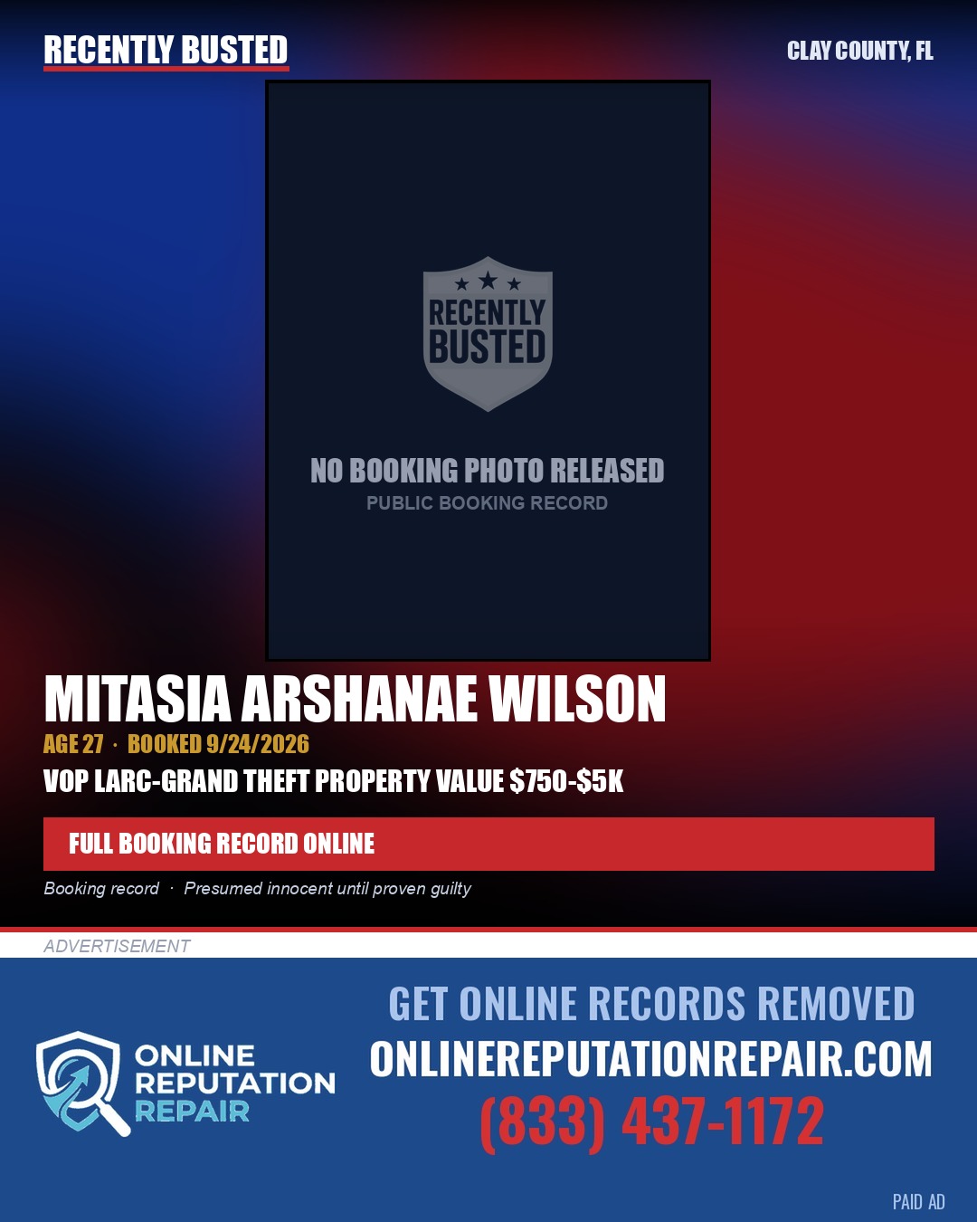 MITASIA ARSHANAE WILSON — arrest record card, Clay County, Florida