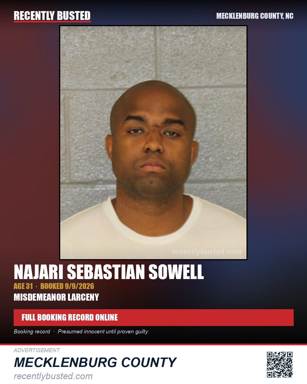 NAJARI SEBASTIAN SOWELL — arrest record card, Mecklenburg County, North Carolina