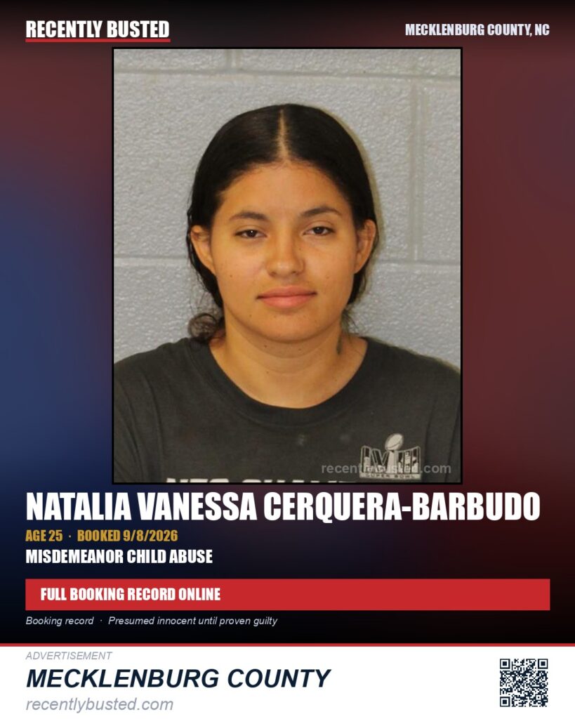 NATALIA VANESSA CERQUERA-BARBUDO — arrest record card, Mecklenburg County, North Carolina