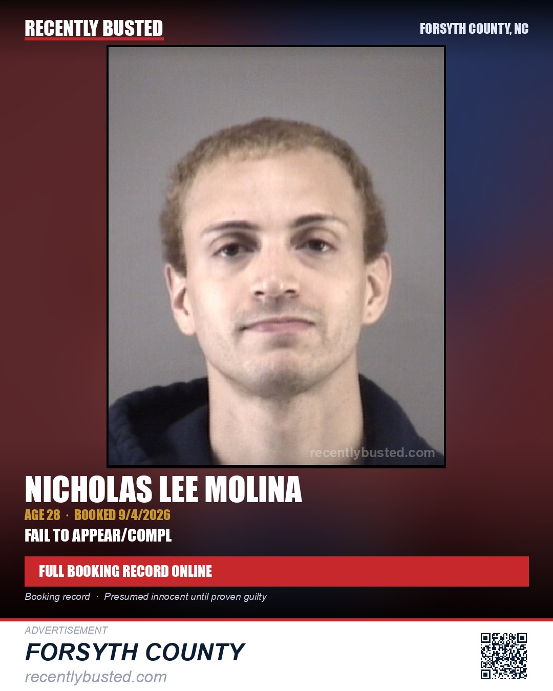 NICHOLAS LEE MOLINA — arrest record card, Forsyth County, North Carolina