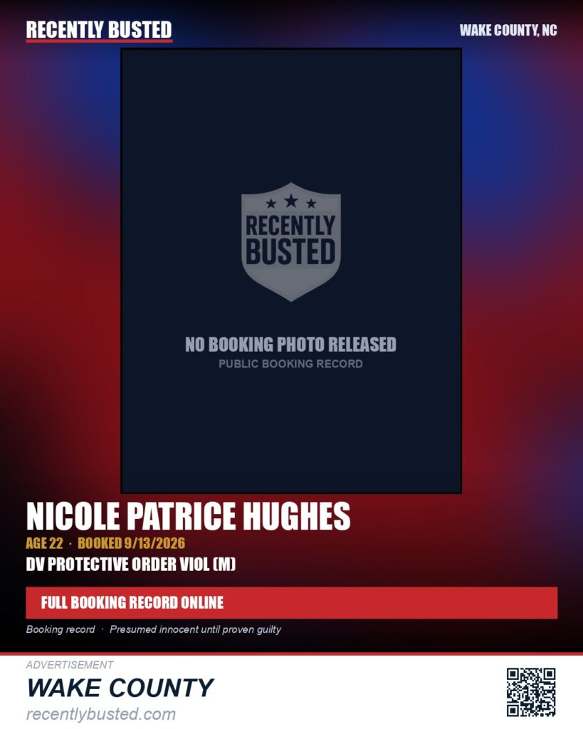 NICOLE PATRICE HUGHES — arrest record card, Wake County, North Carolina