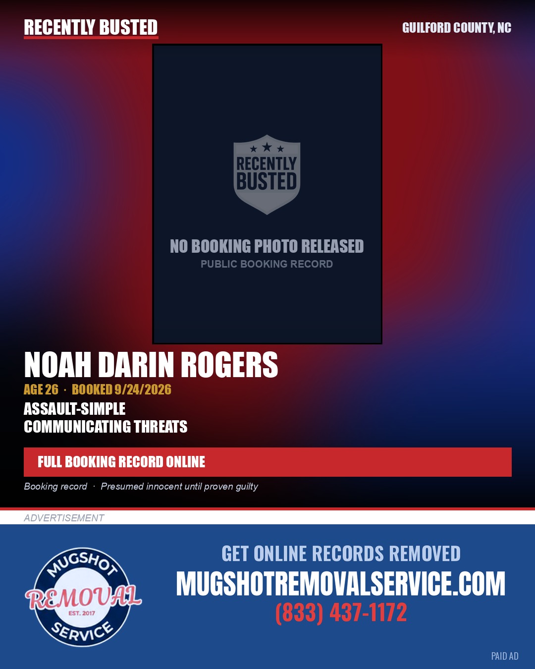 NOAH DARIN ROGERS — arrest record card, Guilford County, North Carolina