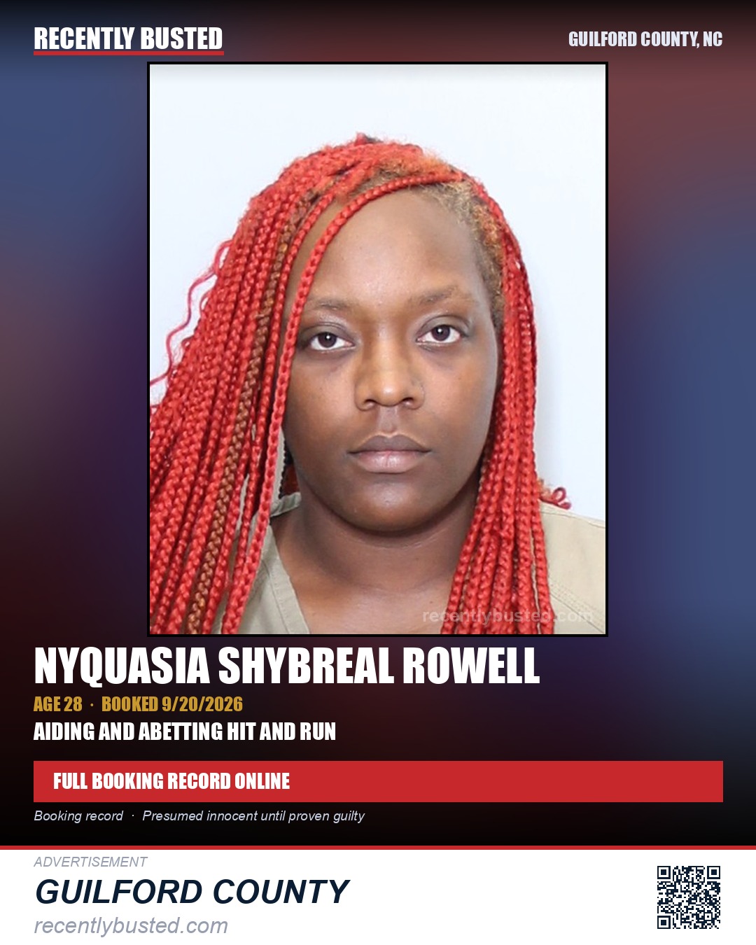 NYQUASIA SHYBREAL ROWELL — arrest record card, Guilford County, North Carolina
