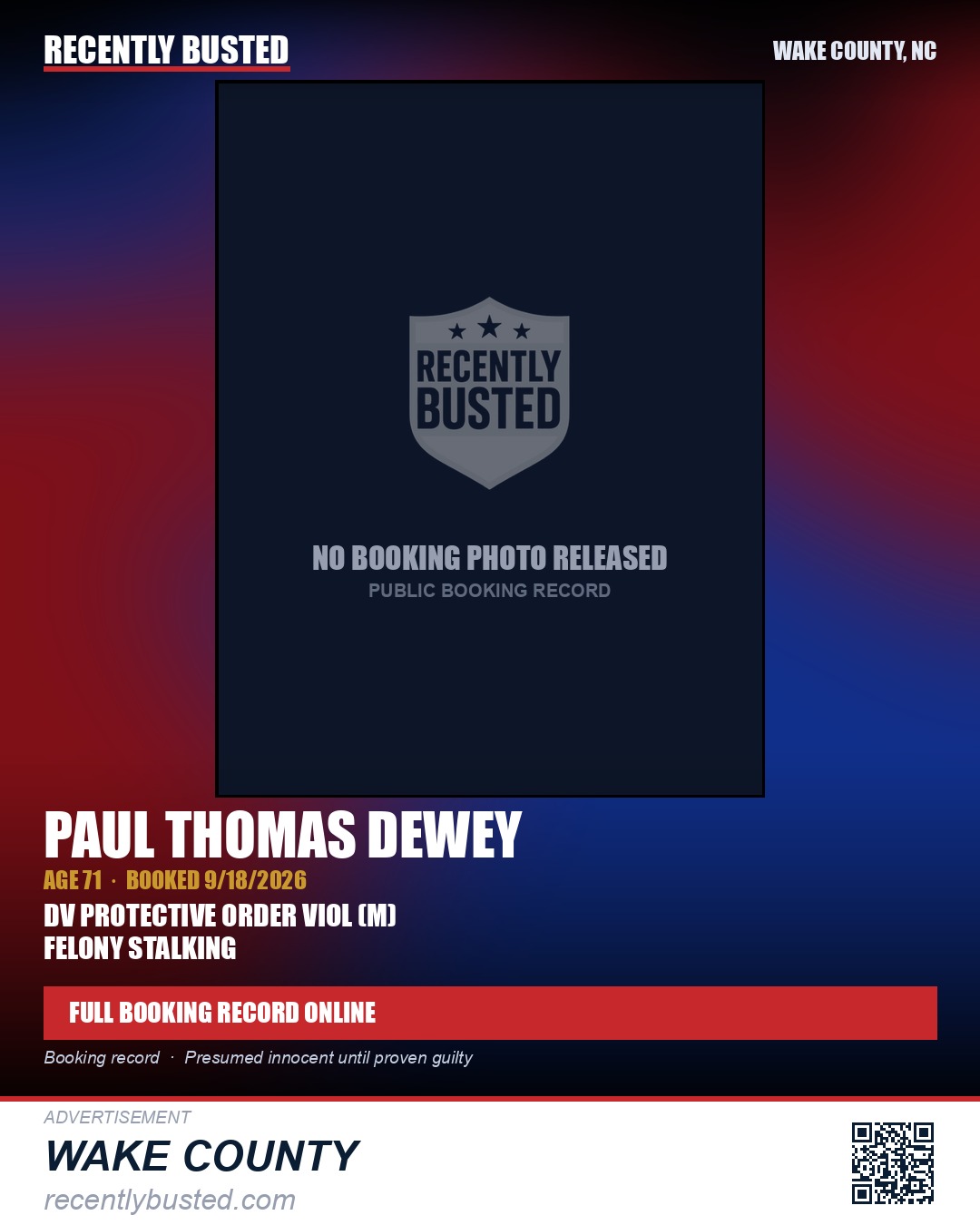 PAUL THOMAS DEWEY — arrest record card, Wake County, North Carolina