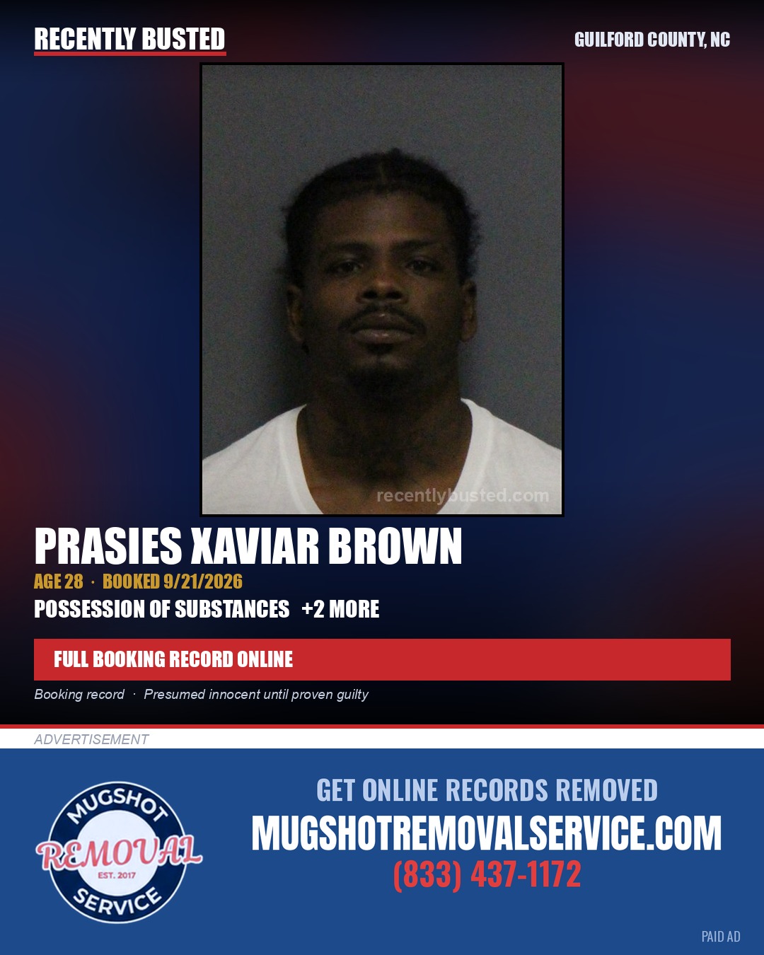 PRASIES XAVIAR BROWN — arrest record card, Guilford County, North Carolina