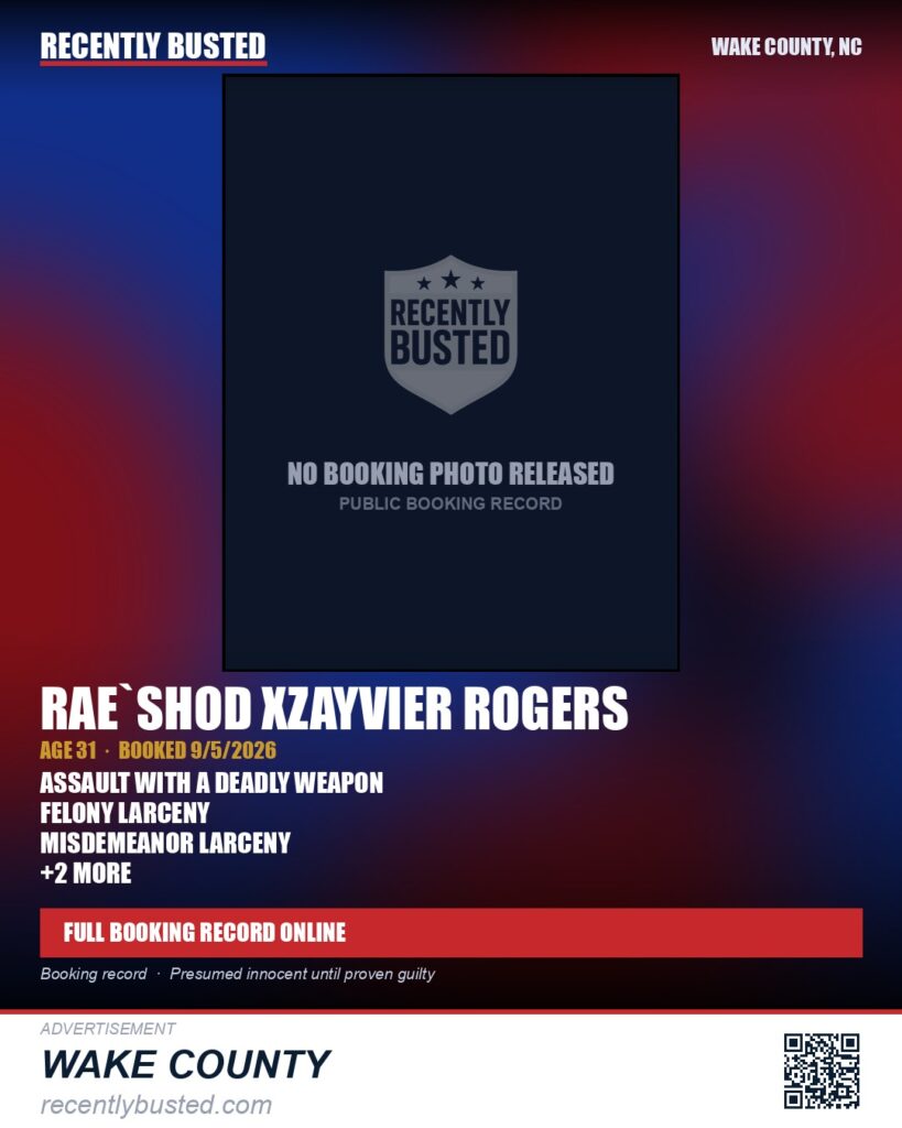 RAE`SHOD XZAYVIER ROGERS — arrest record card, Wake County, North Carolina