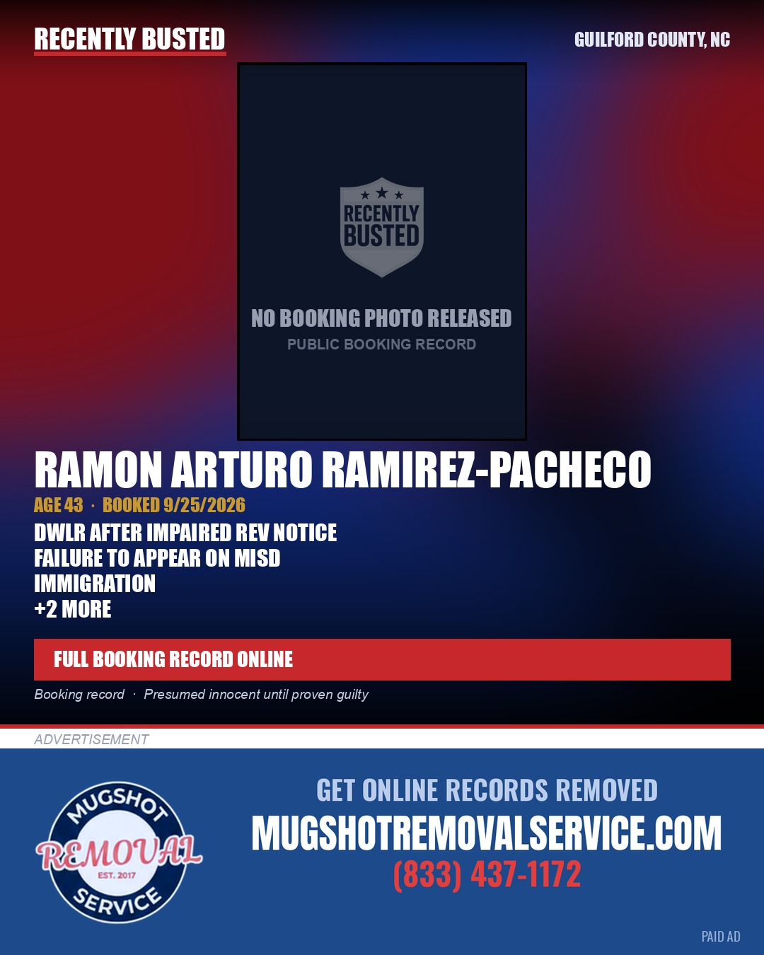 RAMON ARTURO RAMIREZ-PACHECO — arrest record card, Guilford County, North Carolina
