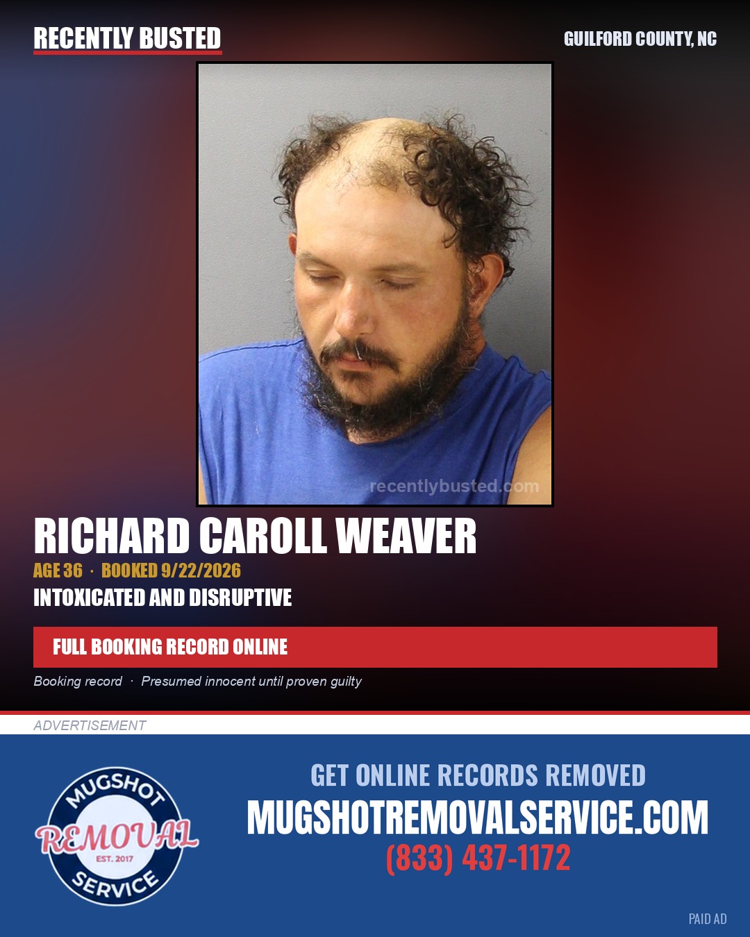 RICHARD CAROLL WEAVER — arrest record card, Guilford County, North Carolina