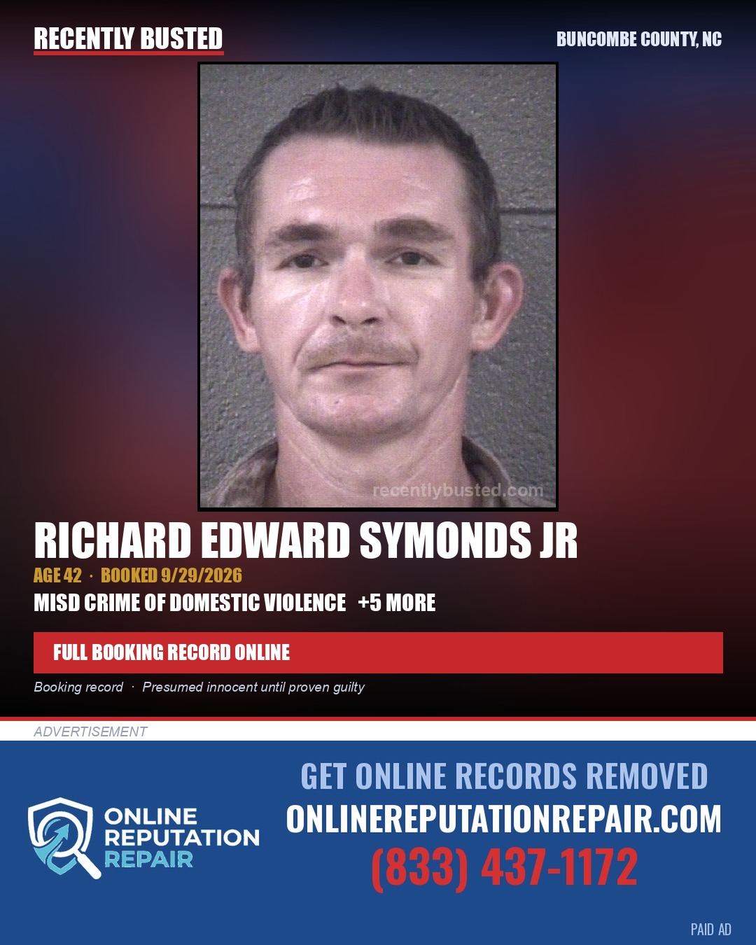 RICHARD EDWARD SYMONDS JR — arrest record card, Buncombe County, North Carolina