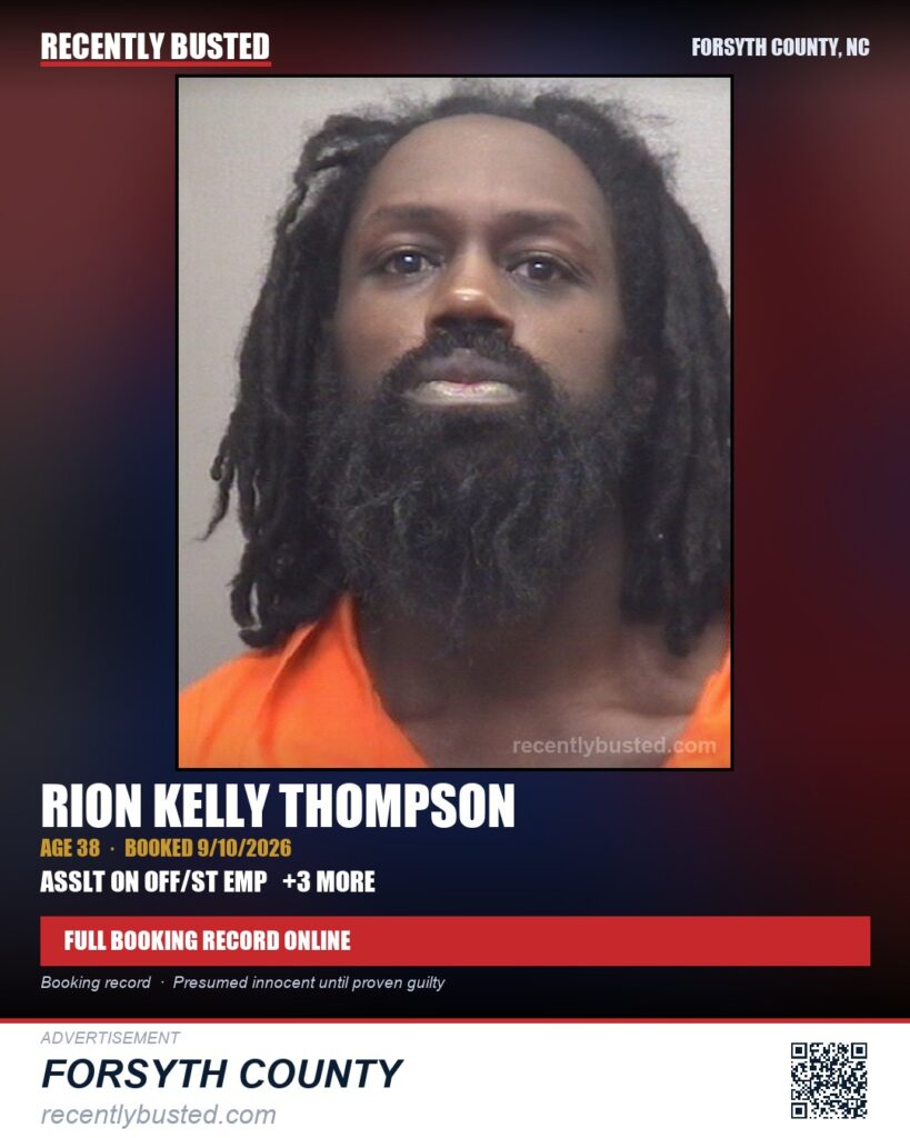 RION KELLY THOMPSON — arrest record card, Forsyth County, North Carolina