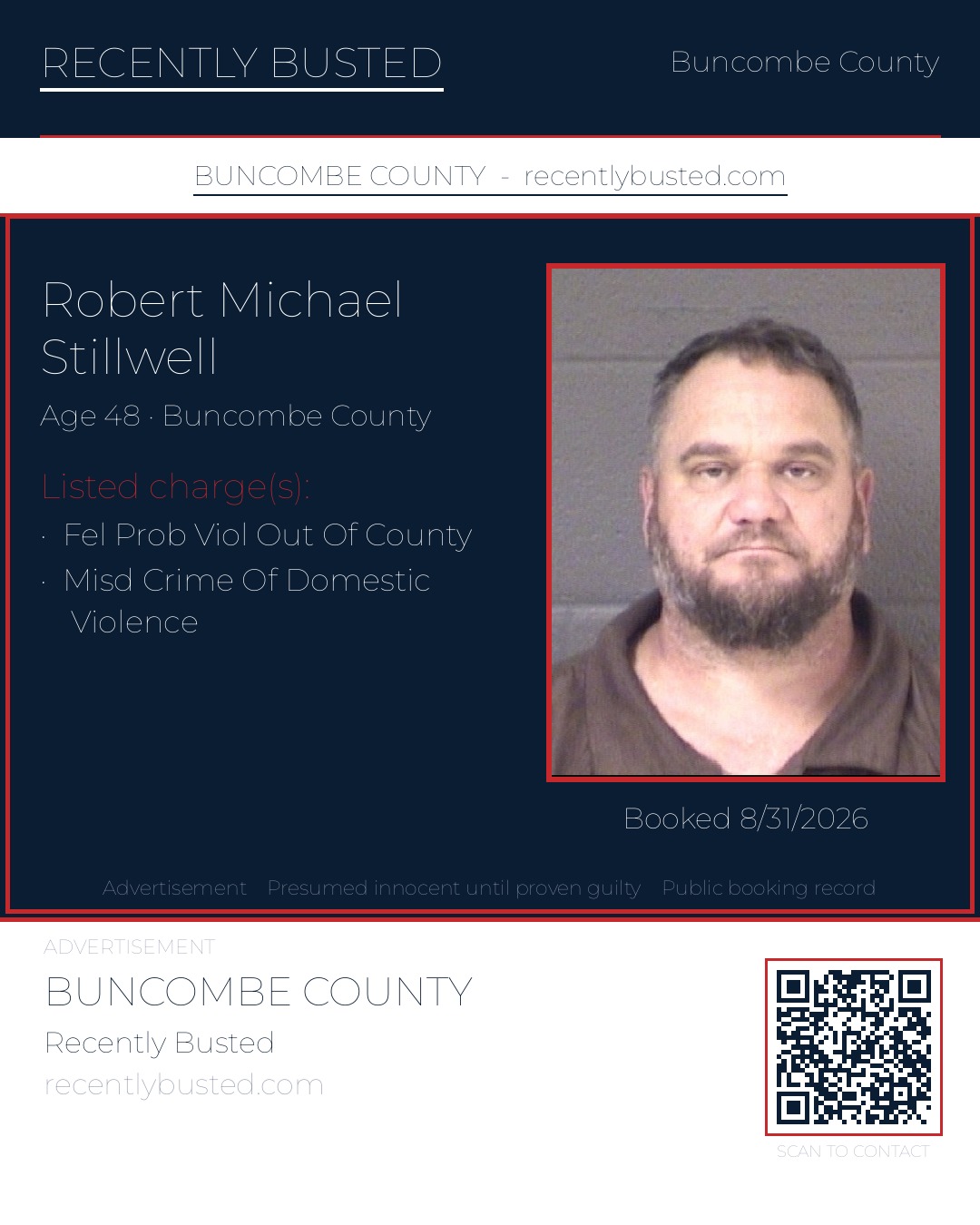 ROBERT MICHAEL STILLWELL — arrest record card, Buncombe County, North Carolina
