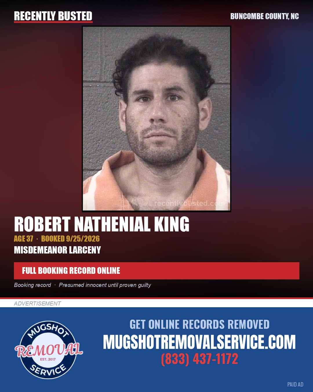ROBERT NATHENIAL KING — arrest record card, Buncombe County, North Carolina