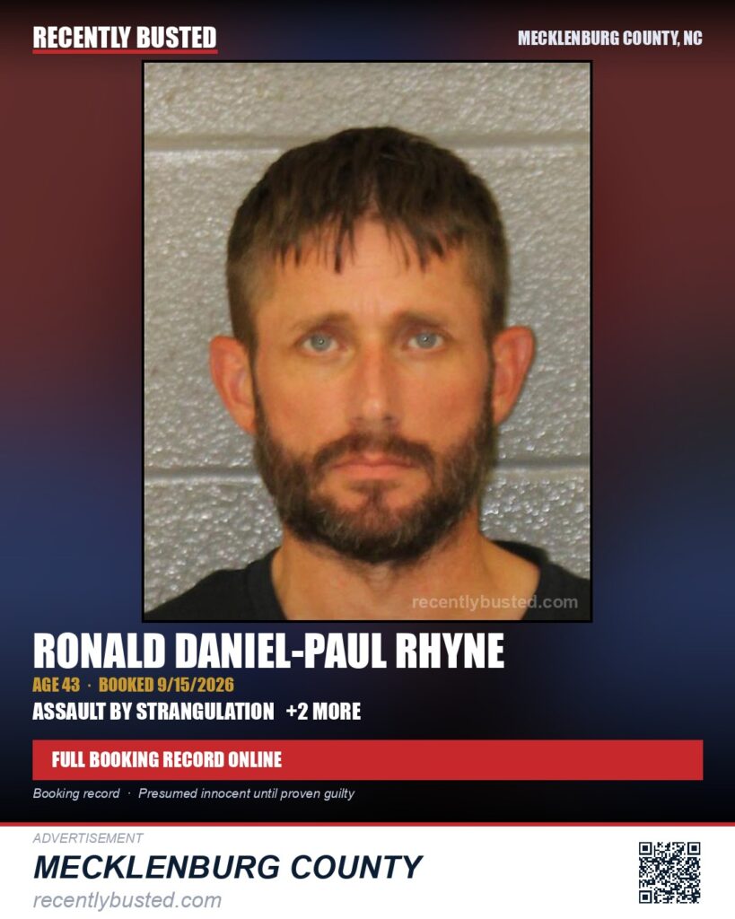 RONALD DANIEL-PAUL RHYNE — arrest record card, Mecklenburg County, North Carolina