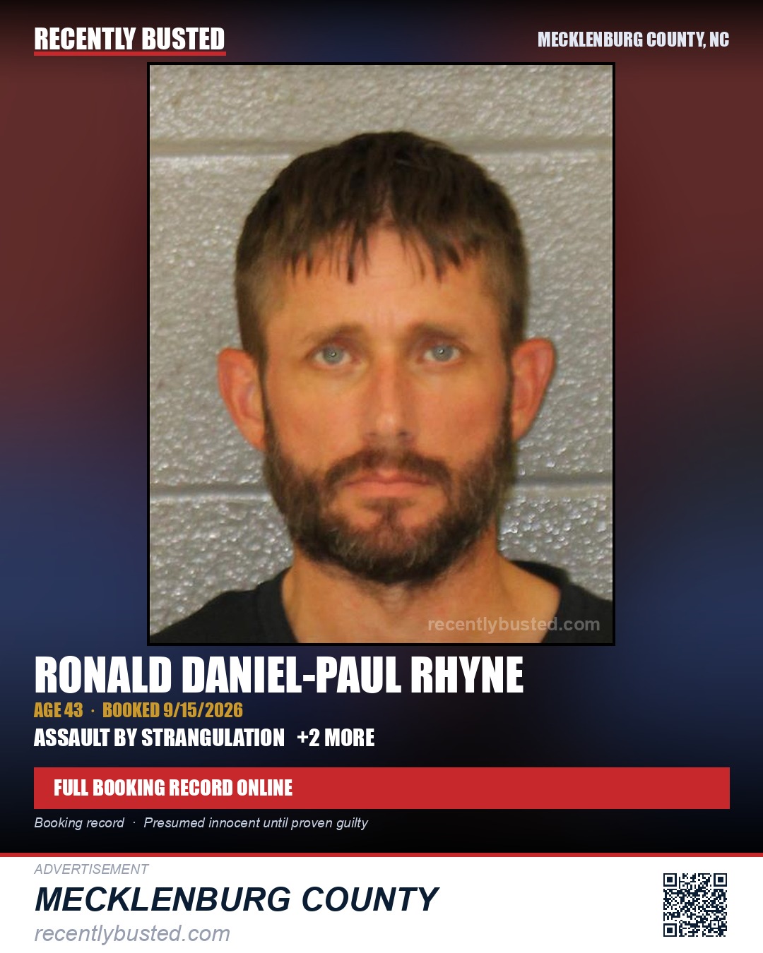 RONALD DANIEL-PAUL RHYNE — arrest record card, Mecklenburg County, North Carolina