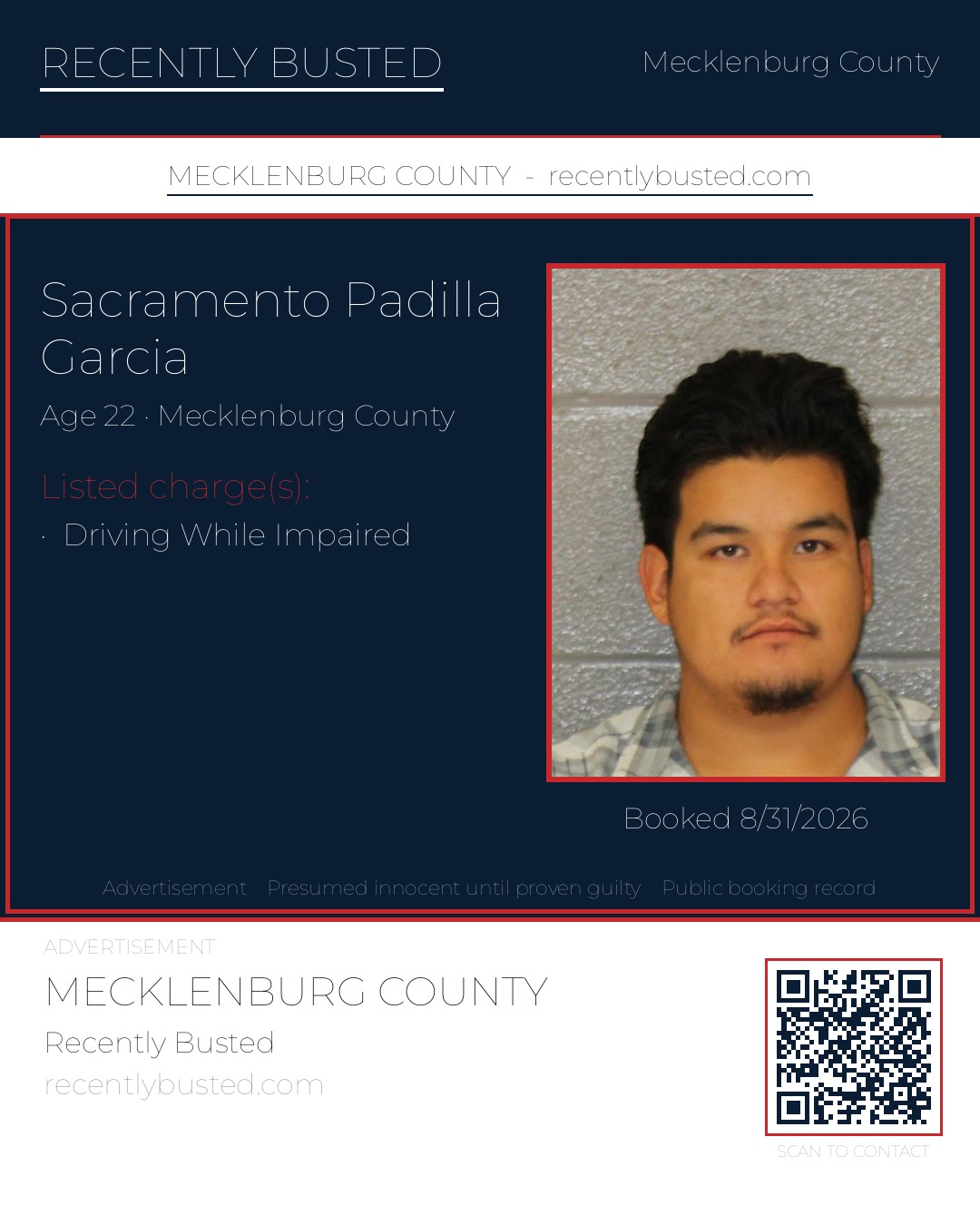 SACRAMENTO PADILLA GARCIA — arrest record card, Mecklenburg County, North Carolina