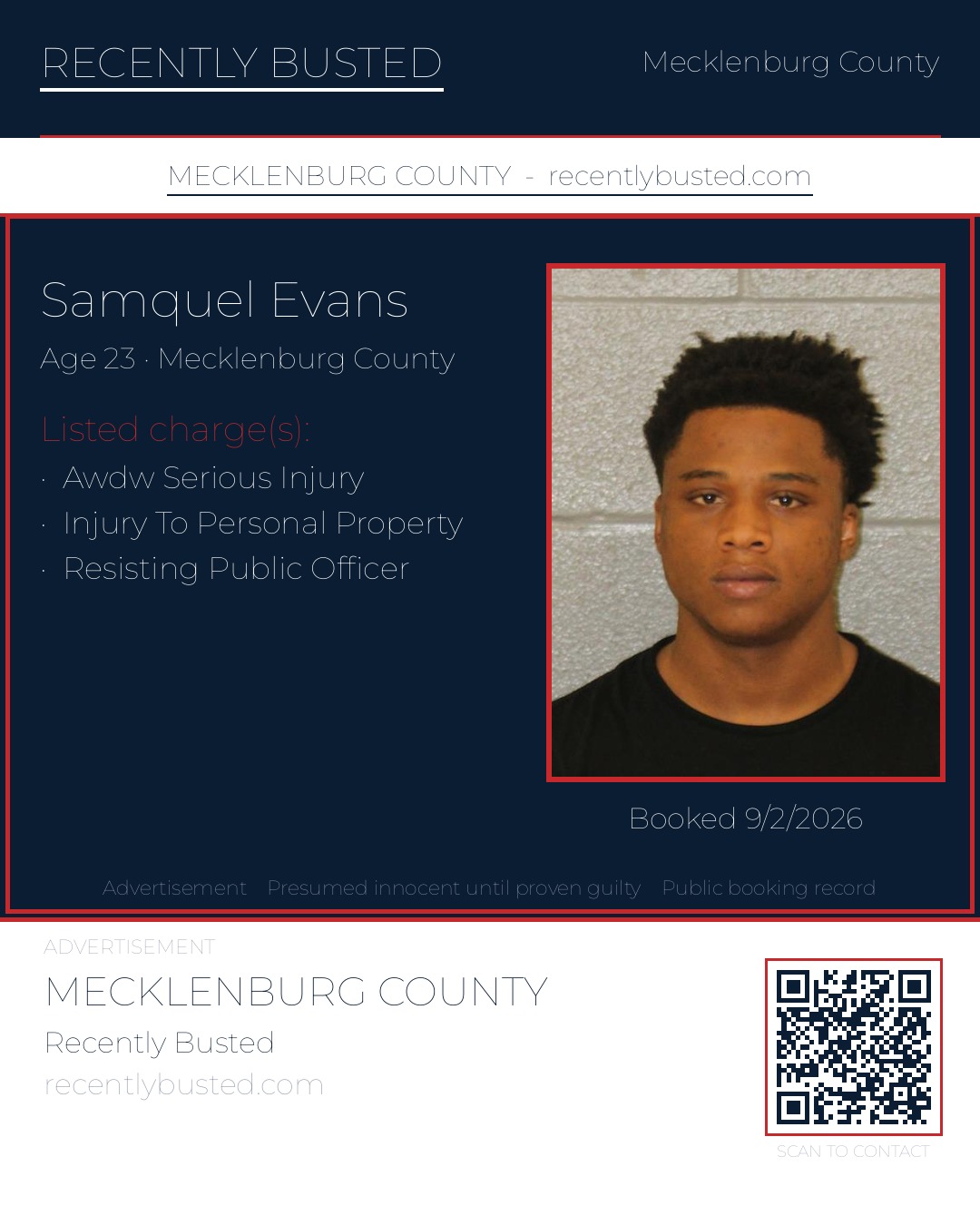 SAMQUEL EVANS — arrest record card, Mecklenburg County, North Carolina