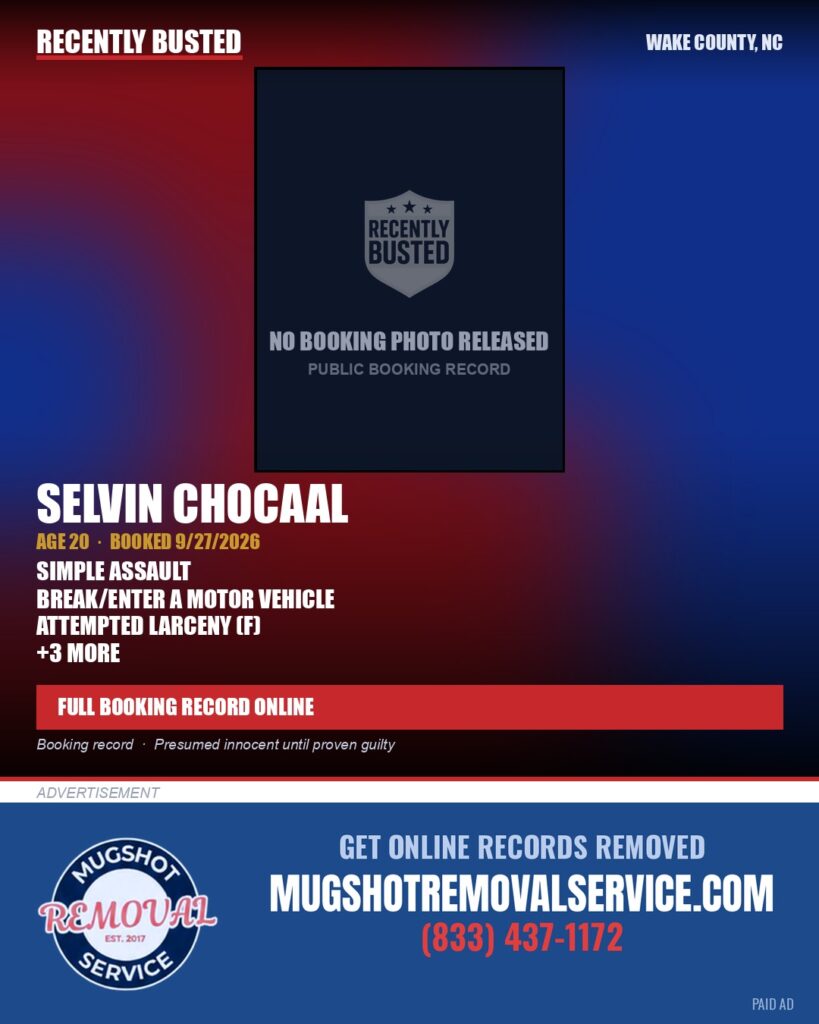 SELVIN CHOCAAL — arrest record card, Wake County, North Carolina