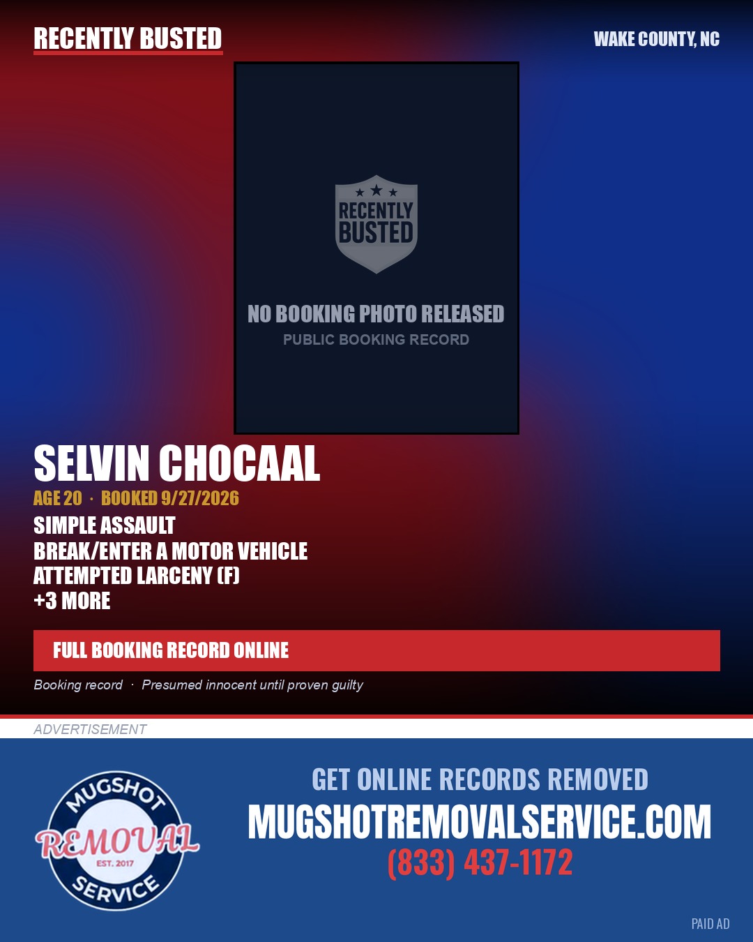 SELVIN CHOCAAL — arrest record card, Wake County, North Carolina