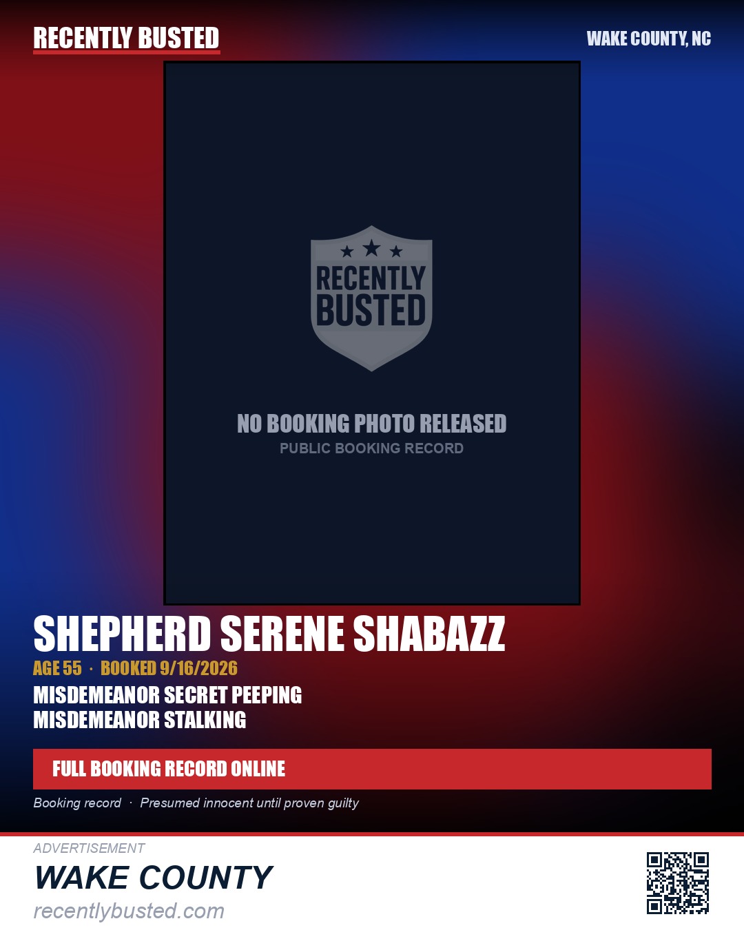 SHEPHERD SERENE SHABAZZ — arrest record card, Wake County, North Carolina