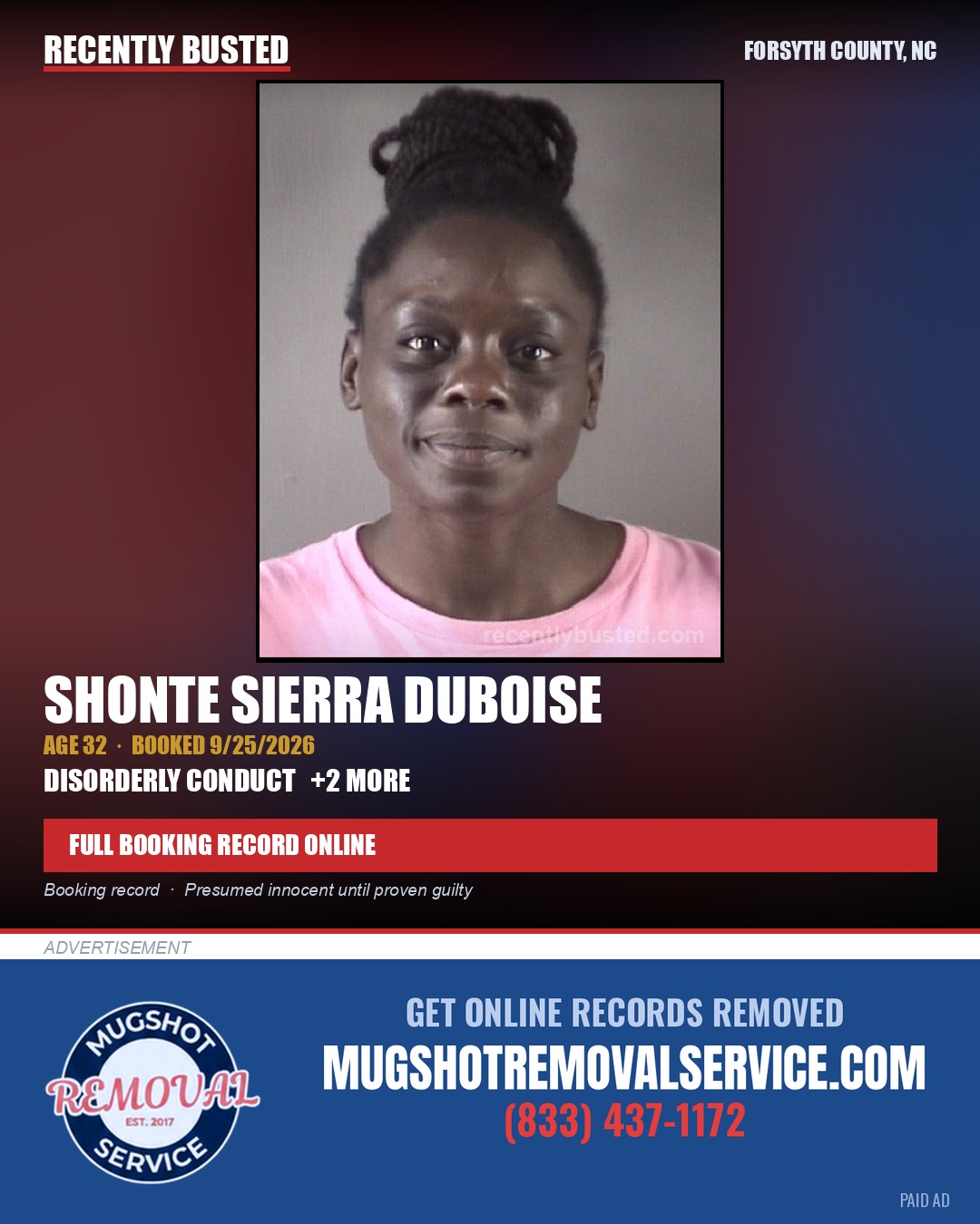 SHONTE SIERRA DUBOISE — arrest record card, Forsyth County, North Carolina