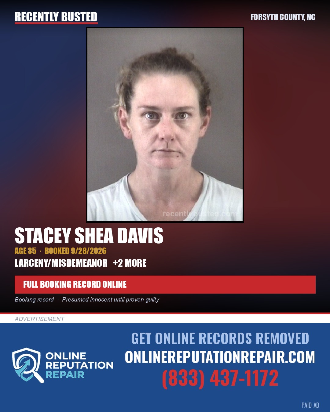 STACEY SHEA DAVIS — arrest record card, Forsyth County, North Carolina