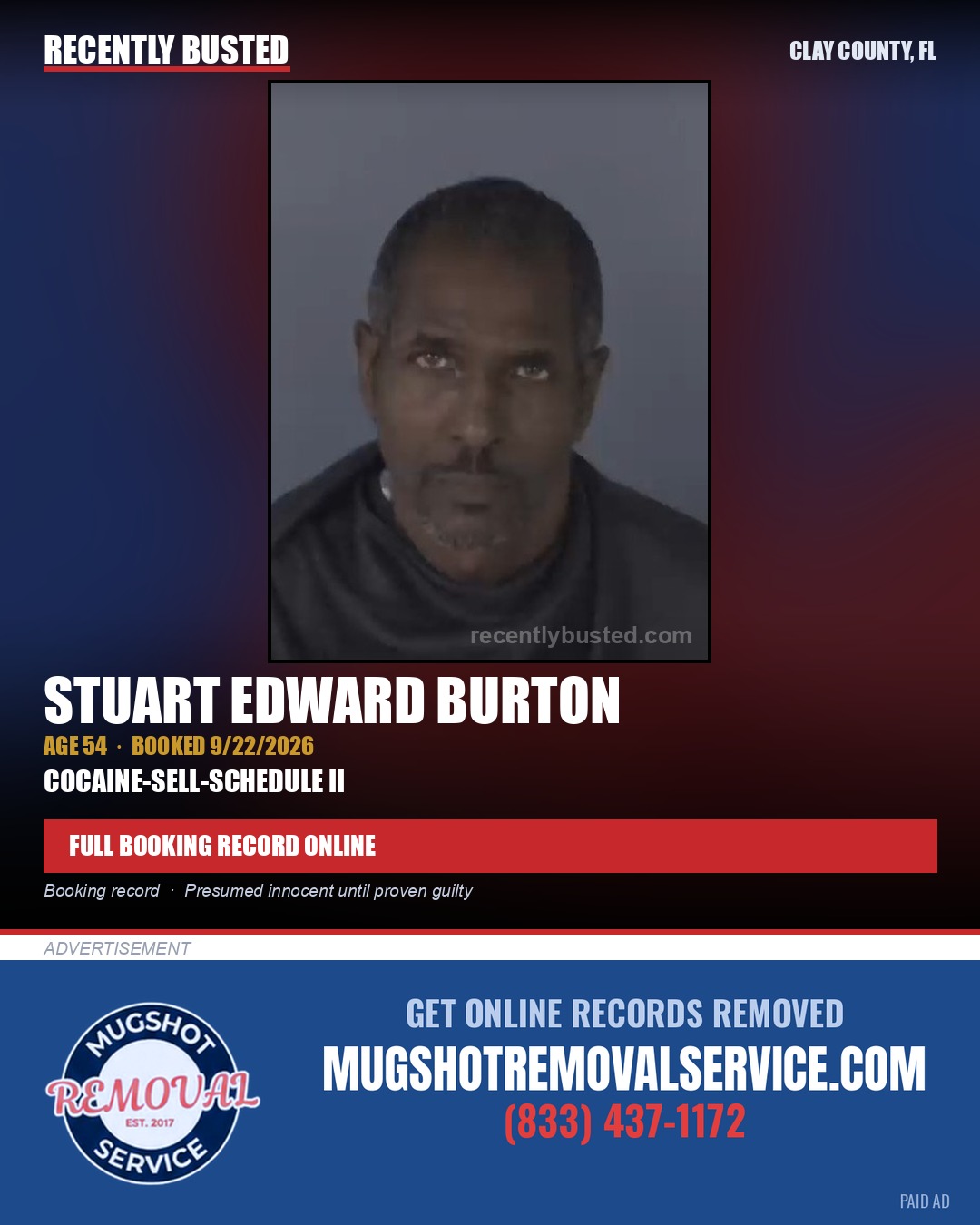 STUART EDWARD BURTON — arrest record card, Clay County, Florida