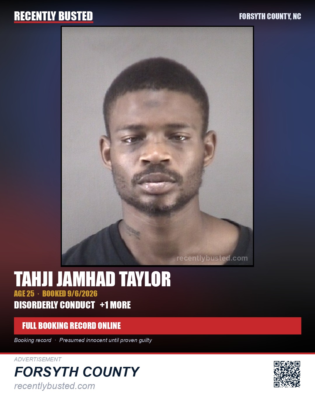 TAHJI JAMHAD TAYLOR — arrest record card, Forsyth County, North Carolina