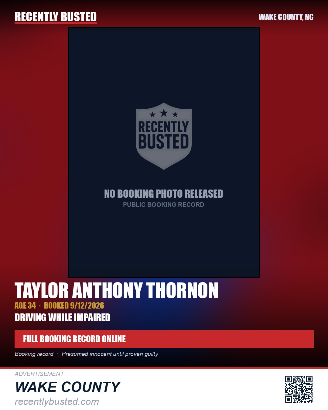 TAYLOR ANTHONY THORNON — arrest record card, Wake County, North Carolina