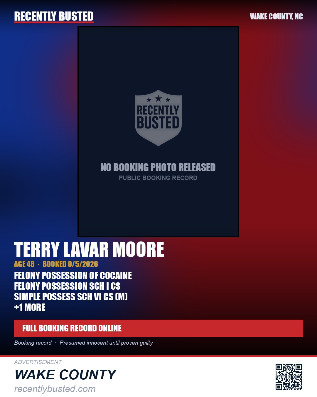 TERRY LAVAR MOORE — arrest record card, Wake County, North Carolina