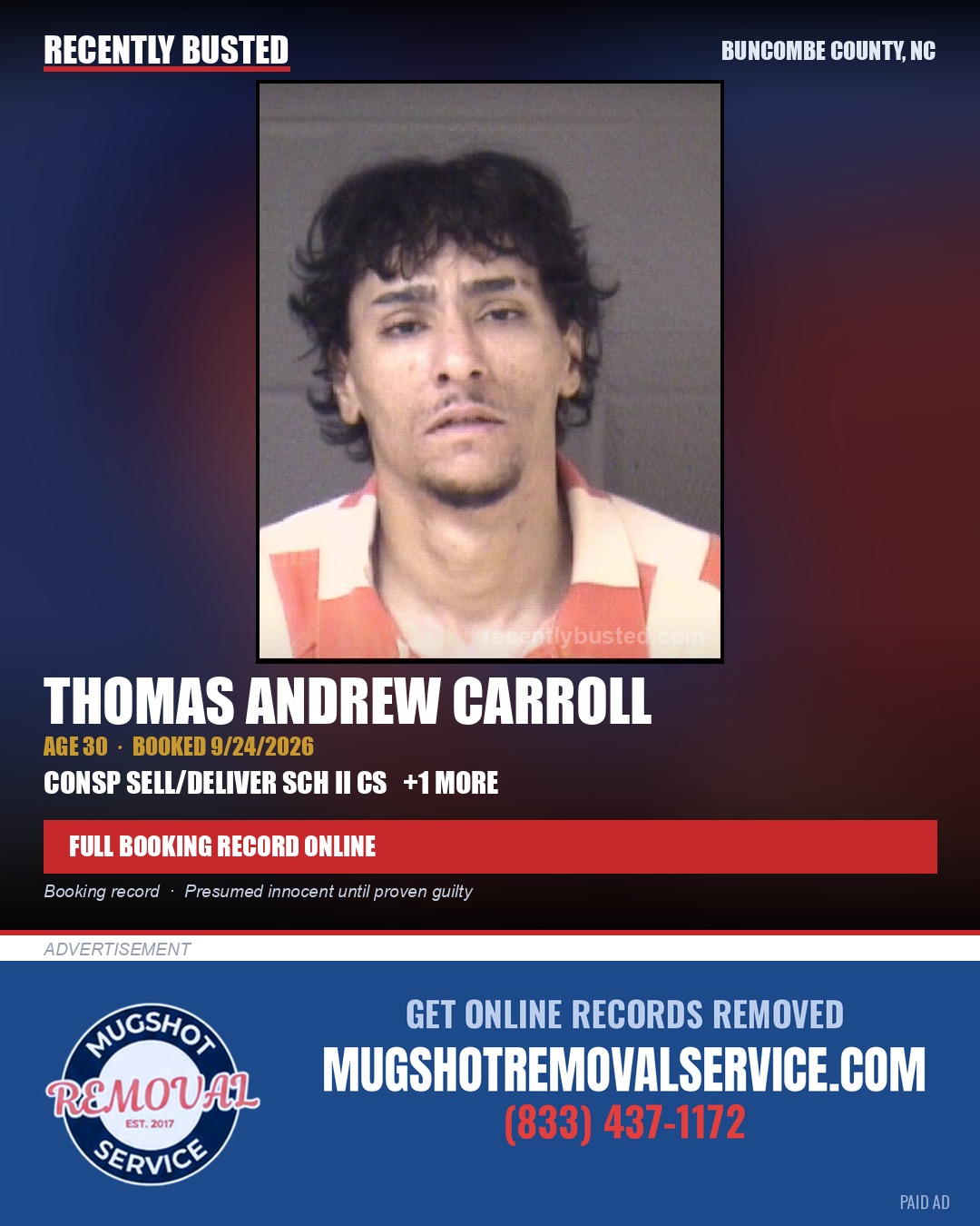 THOMAS ANDREW CARROLL — arrest record card, Buncombe County, North Carolina