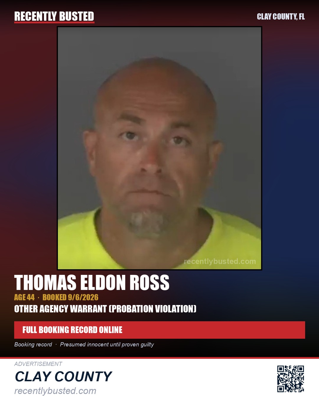 THOMAS ELDON ROSS — arrest record card, Clay County, Florida
