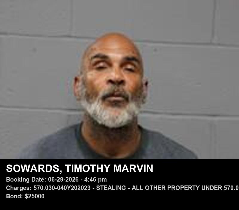 TIMOTHY MARVIN SOWARDS — arrest record card, Johnson County, Missouri