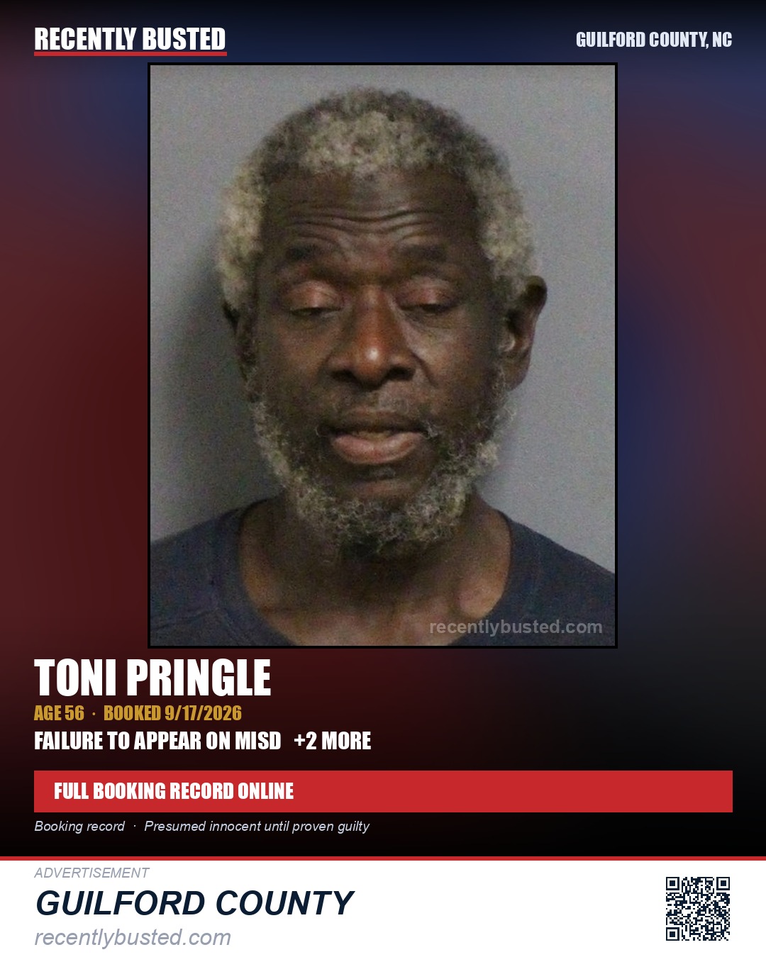 TONI PRINGLE — arrest record card, Guilford County, North Carolina