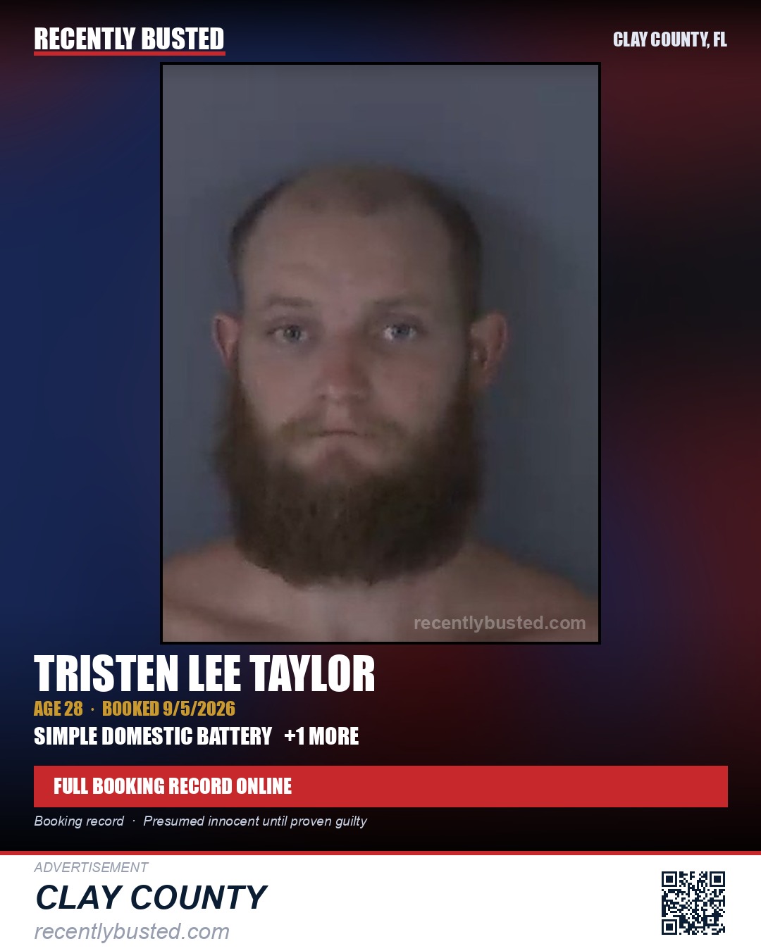 TRISTEN LEE TAYLOR — arrest record card, Clay County, Florida
